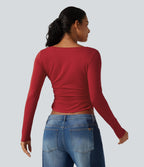 V Neck Long Sleeve Curved Hem Ruched Casual T-Shirt — Haute Red — view 2