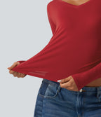 V Neck Long Sleeve Curved Hem Ruched Casual T-Shirt — Haute Red — view 6