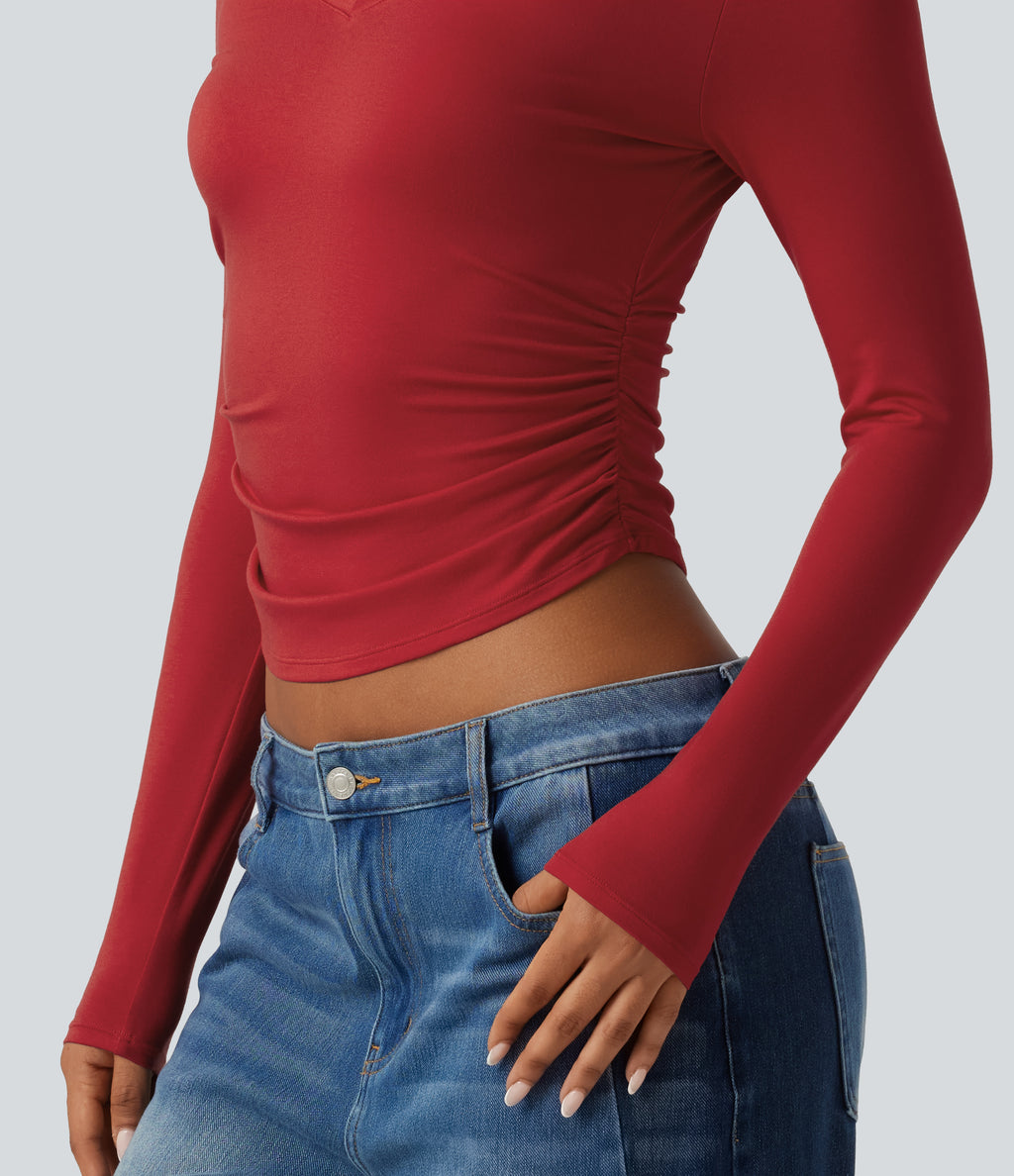 V Neck Long Sleeve Curved Hem Ruched Casual T-Shirt — Haute Red — view 5