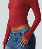 V Neck Long Sleeve Curved Hem Ruched Casual T-Shirt — Haute Red — view 5