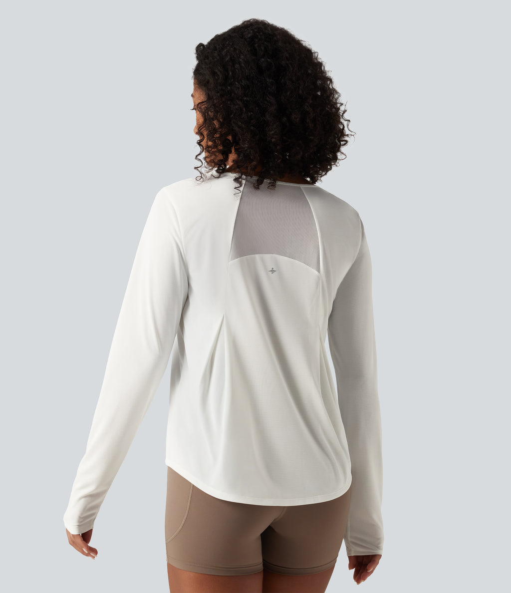 Round Neck Long Sleeve Contrast Mesh Curved Hem Running Sports Top — White — view 1