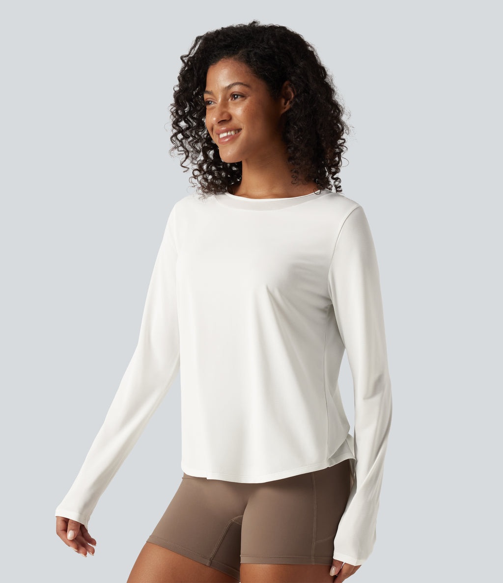 Round Neck Long Sleeve Contrast Mesh Curved Hem Running Sports Top — White — view 3