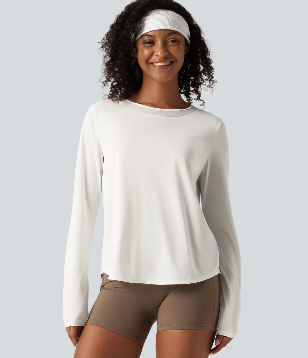 Round Neck Long Sleeve Contrast Mesh Curved Hem Running Sports Top — White — view 6