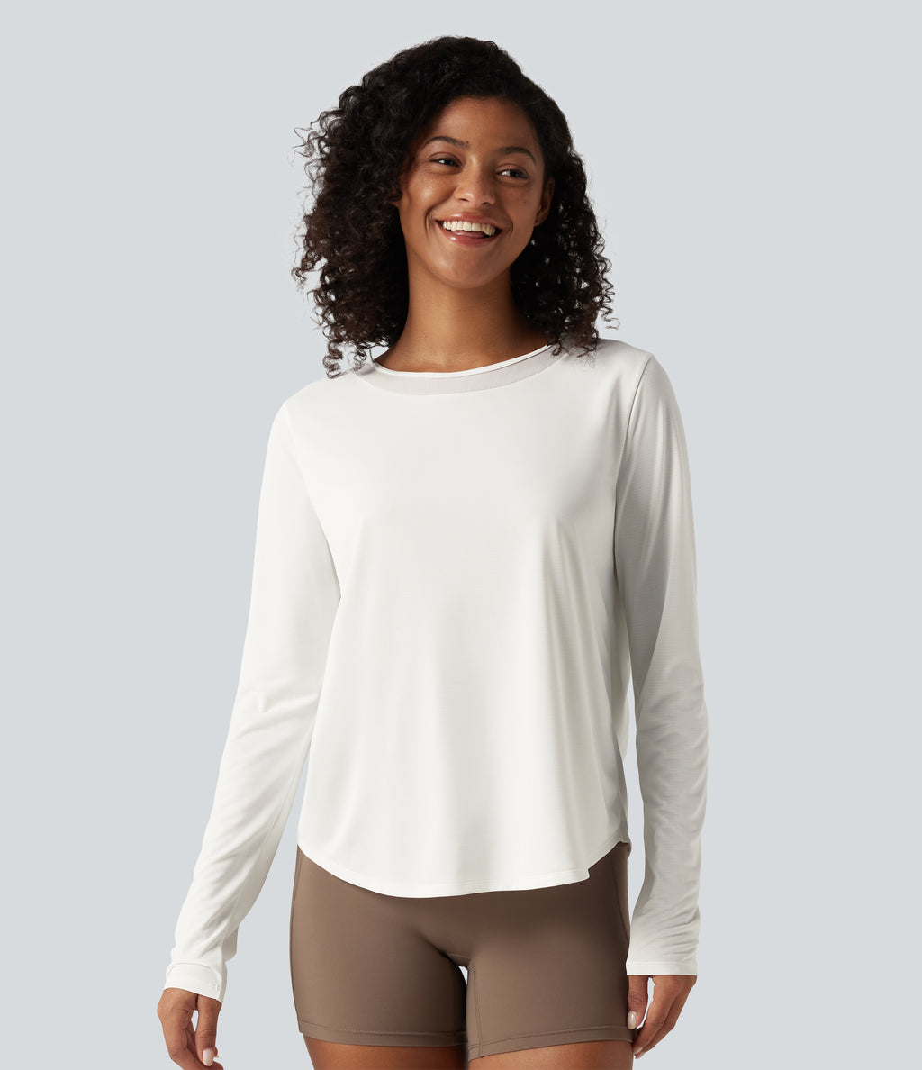 Round Neck Long Sleeve Contrast Mesh Curved Hem Running Sports Top — White — view 2