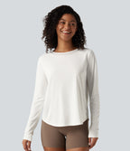 Round Neck Long Sleeve Contrast Mesh Curved Hem Running Sports Top — White — view 2