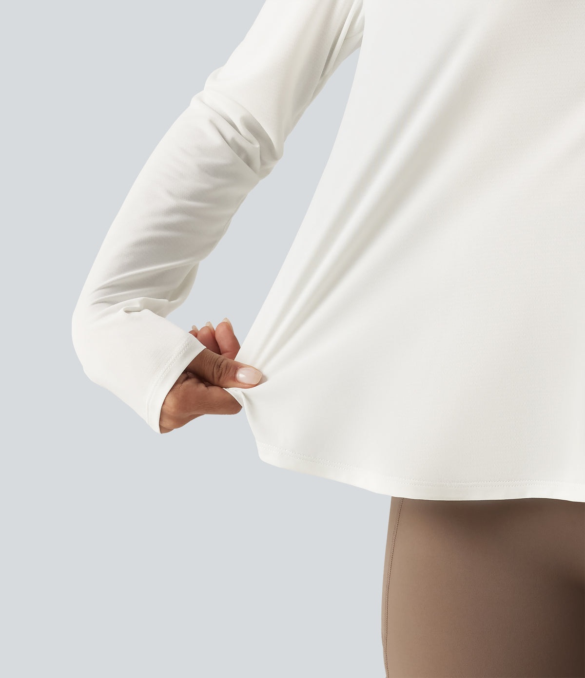 Round Neck Long Sleeve Contrast Mesh Curved Hem Running Sports Top — White — view 7