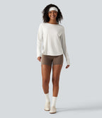 Round Neck Long Sleeve Contrast Mesh Curved Hem Running Sports Top — White — view 8
