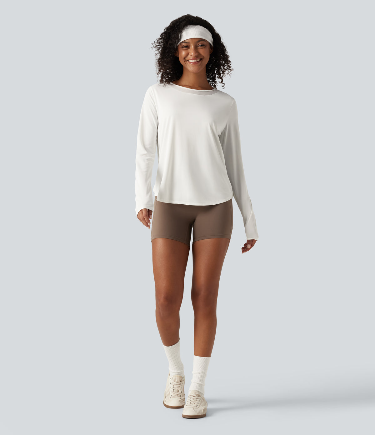 Round Neck Long Sleeve Contrast Mesh Curved Hem Running Sports Top — White — view 8
