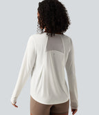 Round Neck Long Sleeve Contrast Mesh Curved Hem Running Sports Top — White — view 5