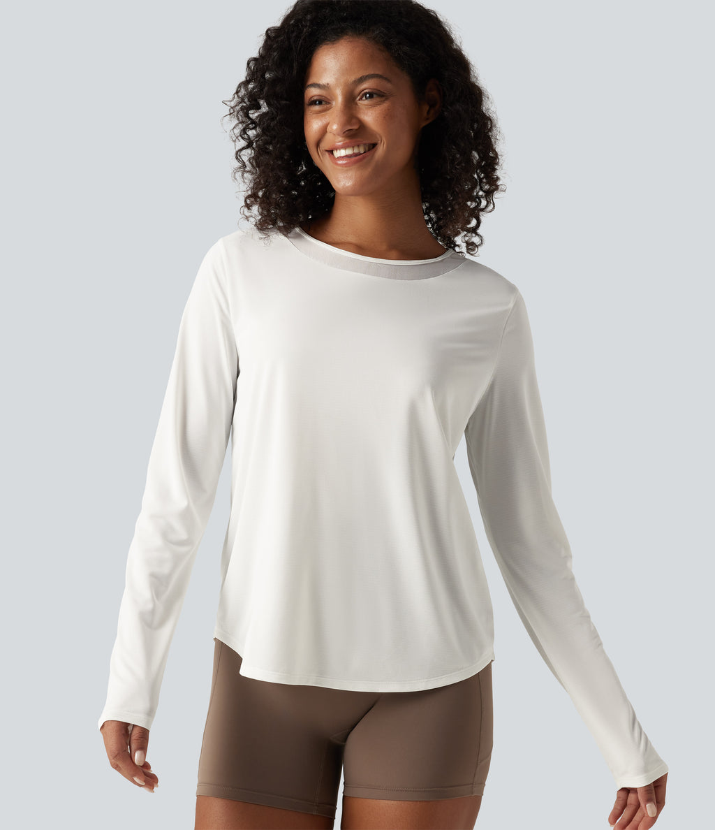 Round Neck Long Sleeve Contrast Mesh Curved Hem Running Sports Top — White — view 4