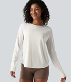 Round Neck Long Sleeve Contrast Mesh Curved Hem Running Sports Top — White — view 4