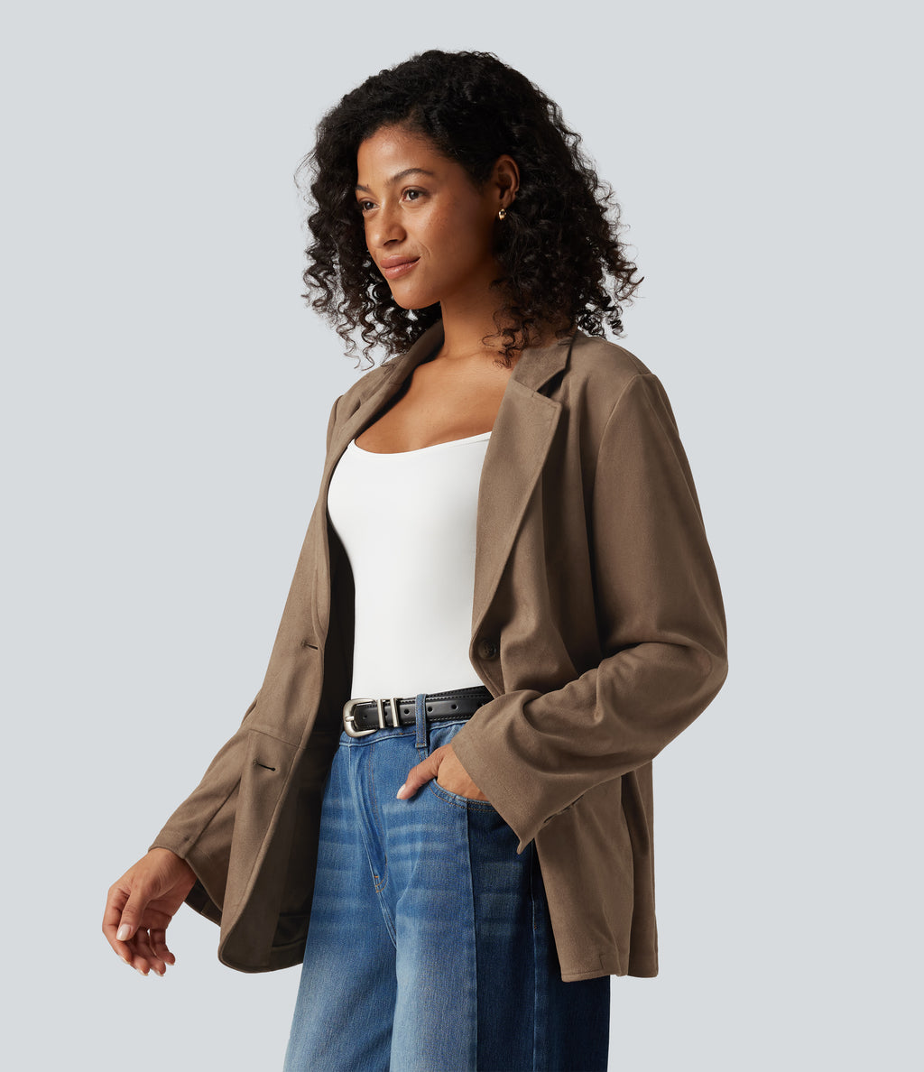 Notched Collar Long Sleeve Suede Casual Blazer with Pockets — Coca Mocha — view 3