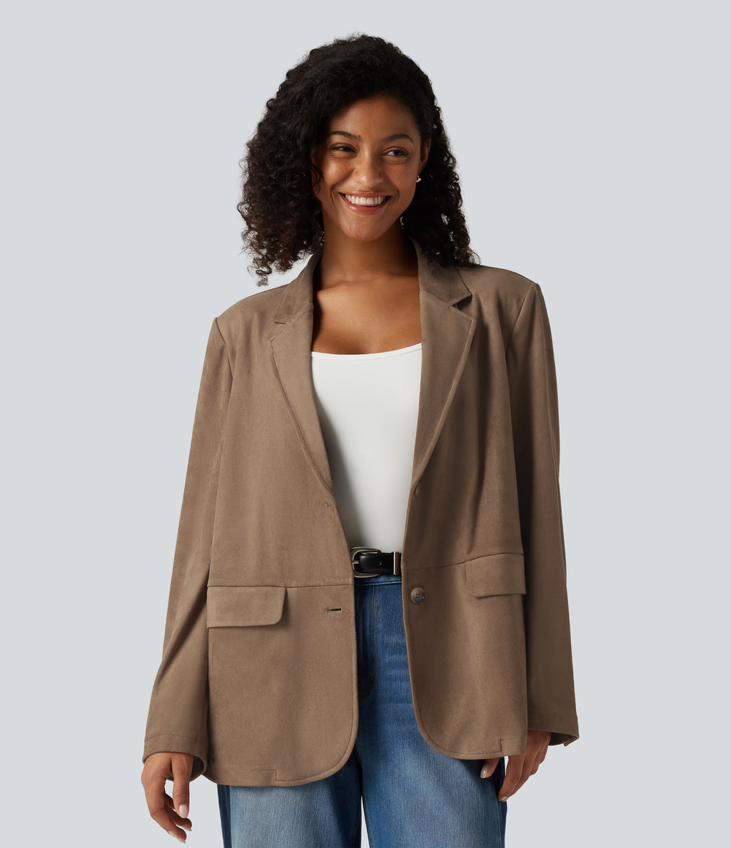 Notched Collar Long Sleeve Suede Casual Blazer with Pockets — Coca Mocha — view 5