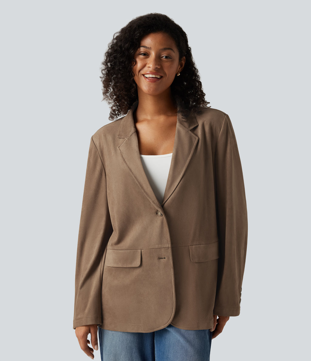Notched Collar Long Sleeve Suede Casual Blazer with Pockets — Coca Mocha — view 4
