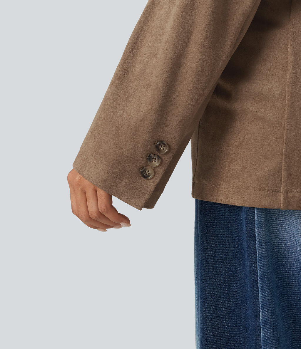Notched Collar Long Sleeve Suede Casual Blazer with Pockets — Coca Mocha — view 7