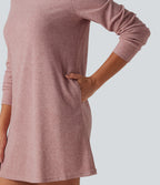Round Neck Long Sleeve Mini Work Dress with Pockets — Mottled Begonia — view 5