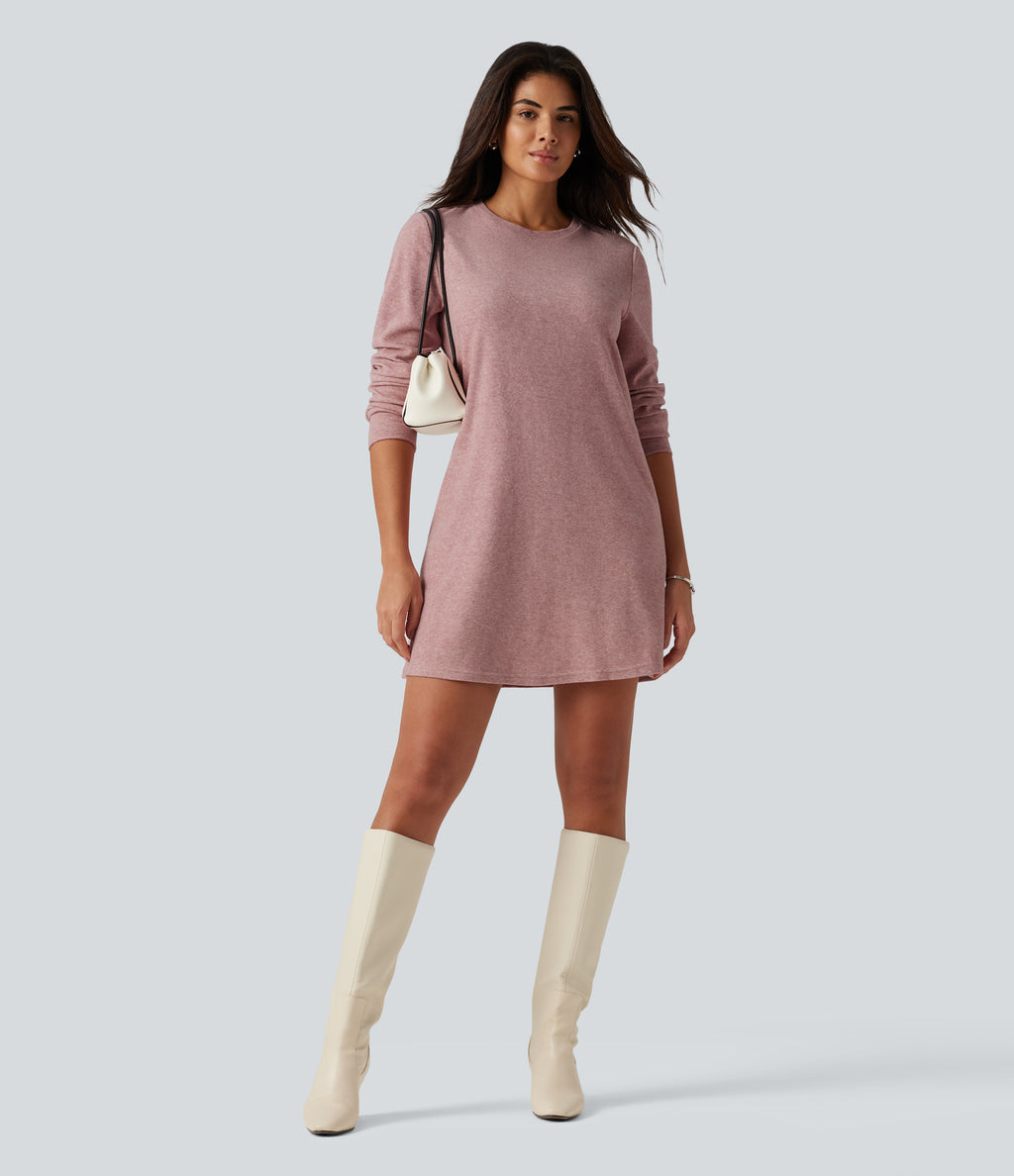 Round Neck Long Sleeve Mini Work Dress with Pockets — Mottled Begonia — view 7