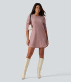 Round Neck Long Sleeve Mini Work Dress with Pockets — Mottled Begonia — view 7