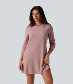 Round Neck Long Sleeve Mini Work Dress with Pockets — Mottled Begonia — view 4