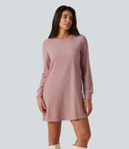 Round Neck Long Sleeve Mini Work Dress with Pockets — Mottled Begonia — view 1