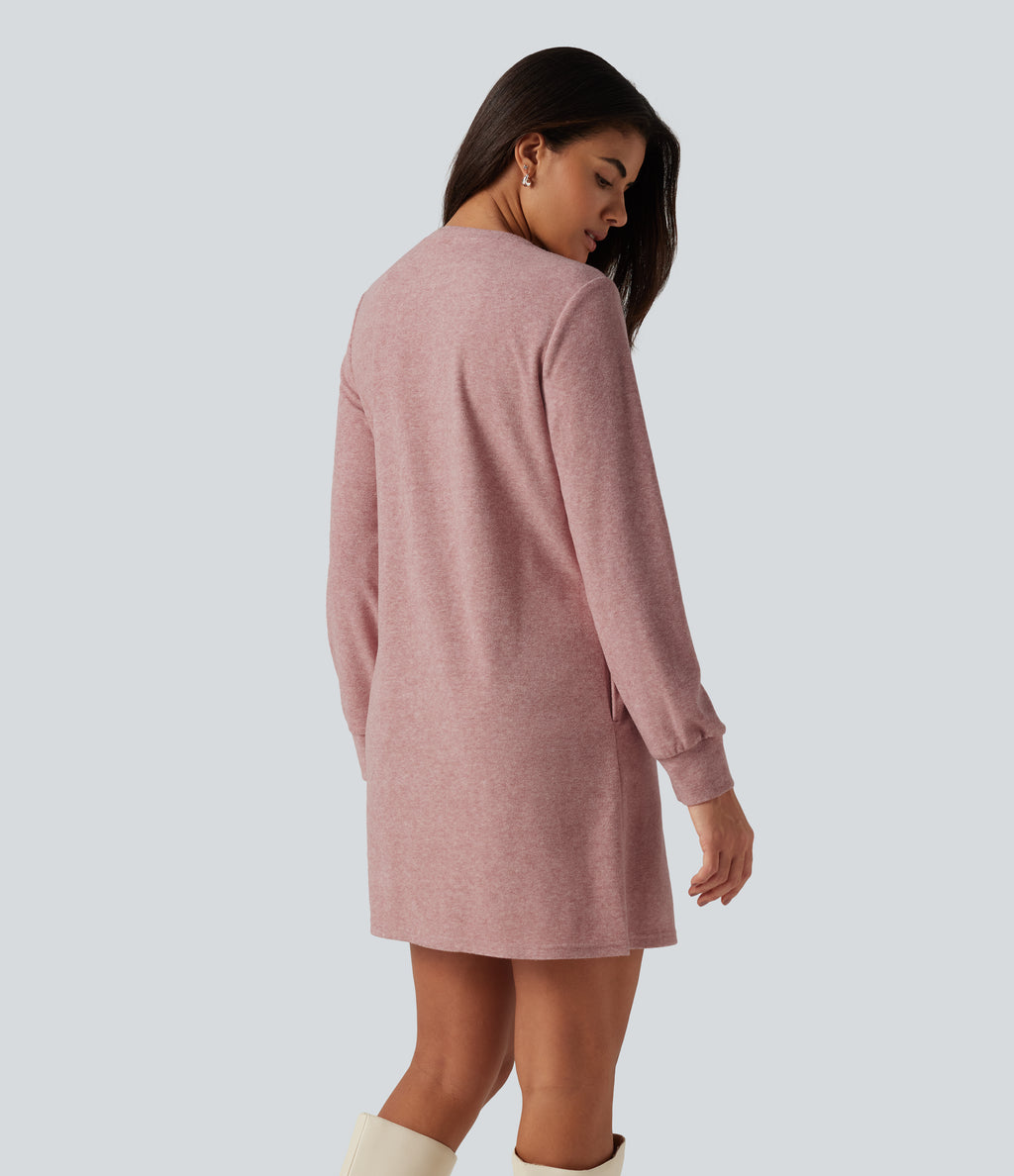 Round Neck Long Sleeve Mini Work Dress with Pockets — Mottled Begonia — view 2