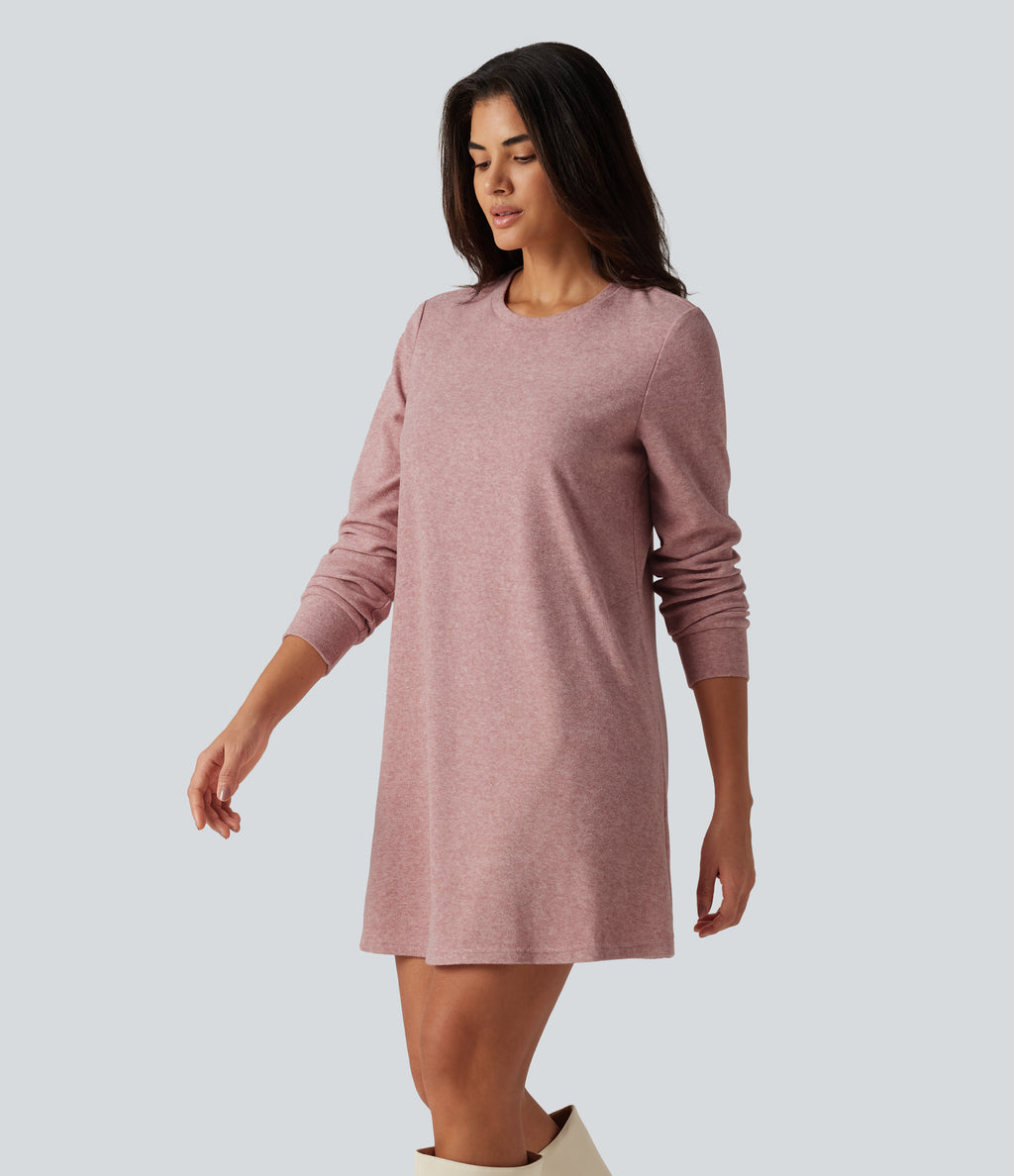 Round Neck Long Sleeve Mini Work Dress with Pockets — Mottled Begonia — view 3
