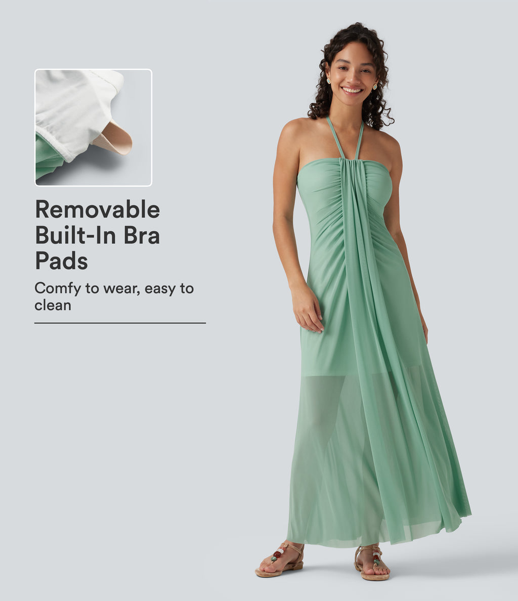 Halter Tie Back Built-in Bra Maxi Resort Dress — Lichen — view 1