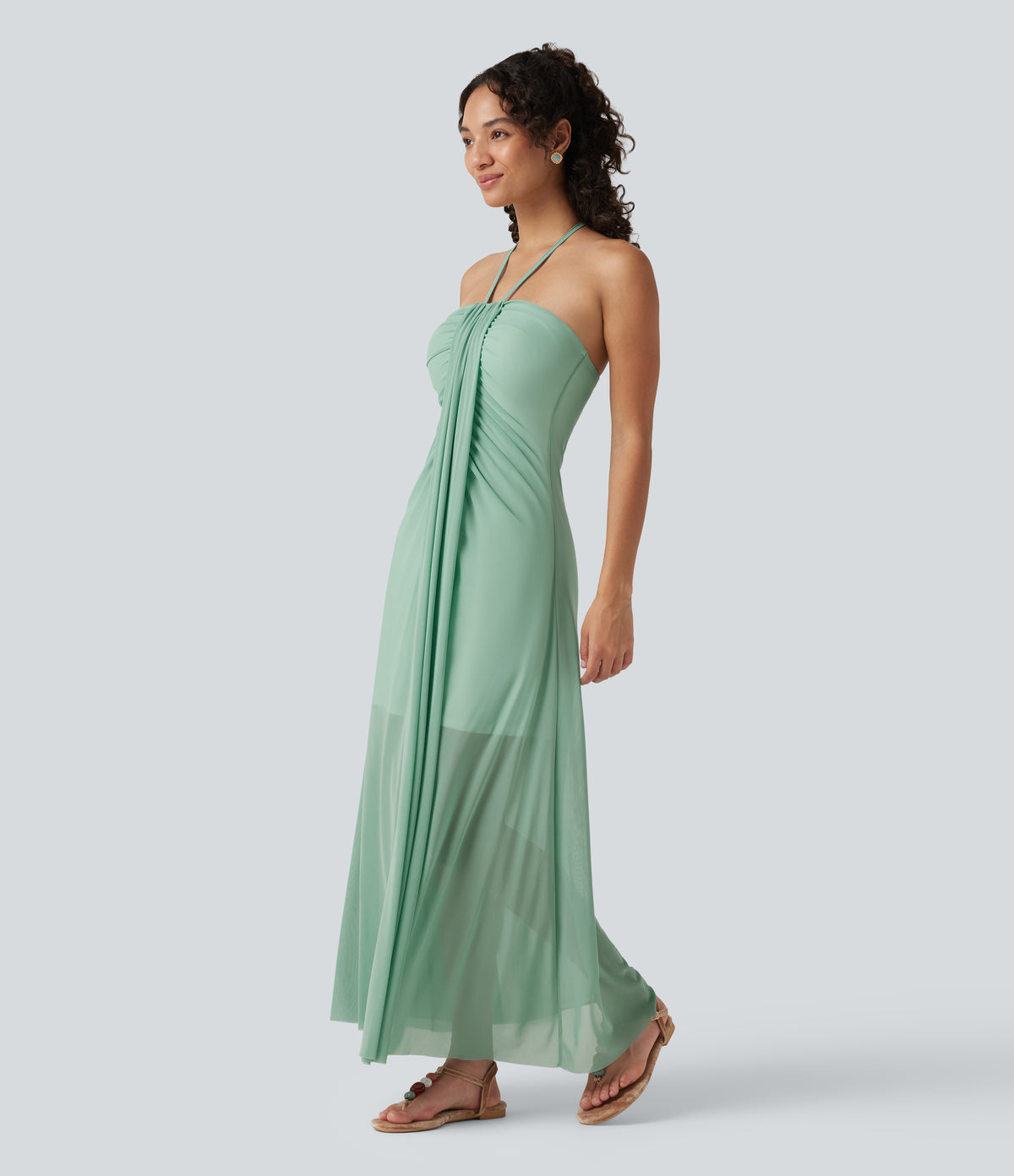 Halter Tie Back Built-in Bra Maxi Resort Dress — Lichen — view 3