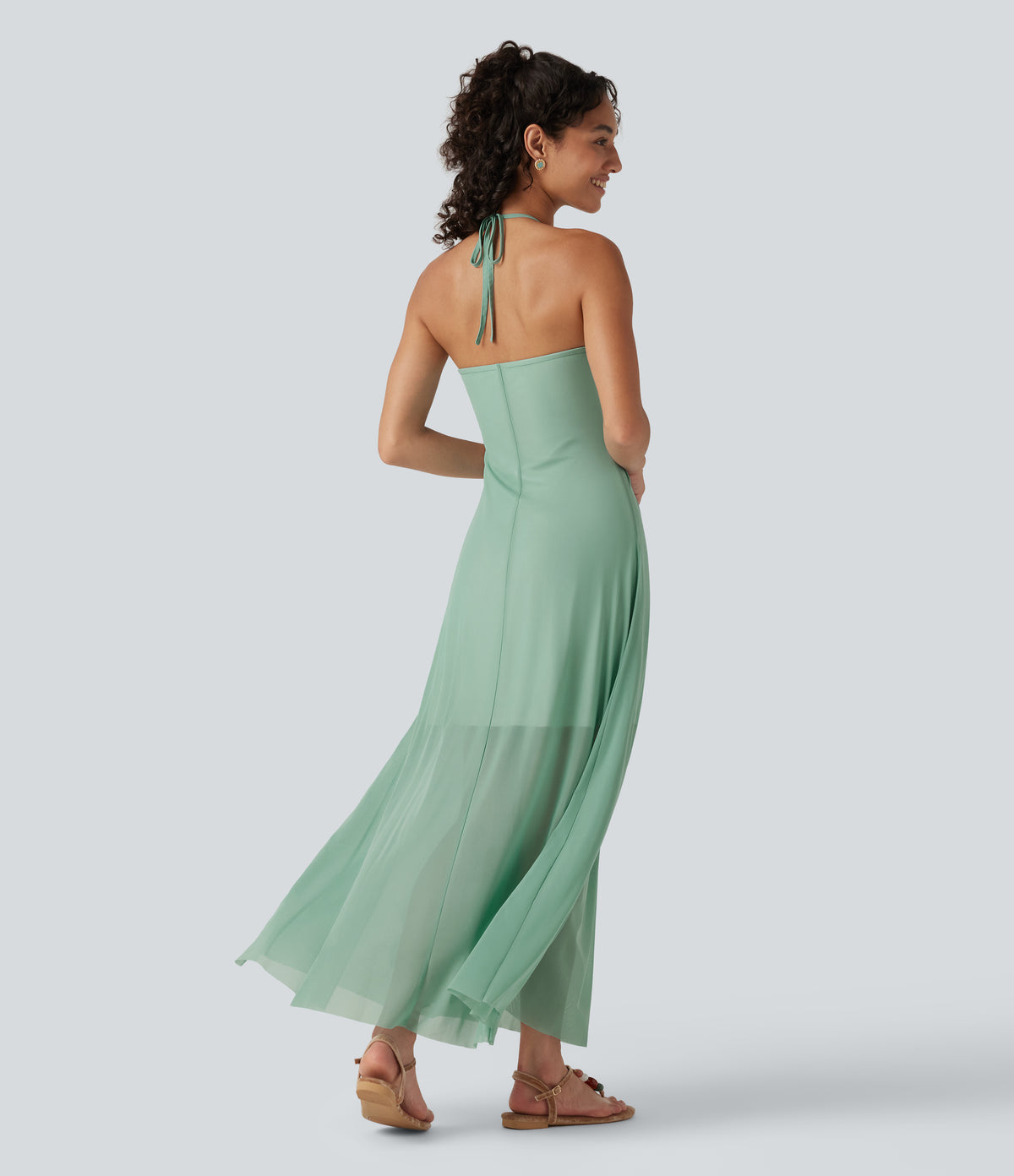 Halter Tie Back Built-in Bra Maxi Resort Dress — Lichen — view 2