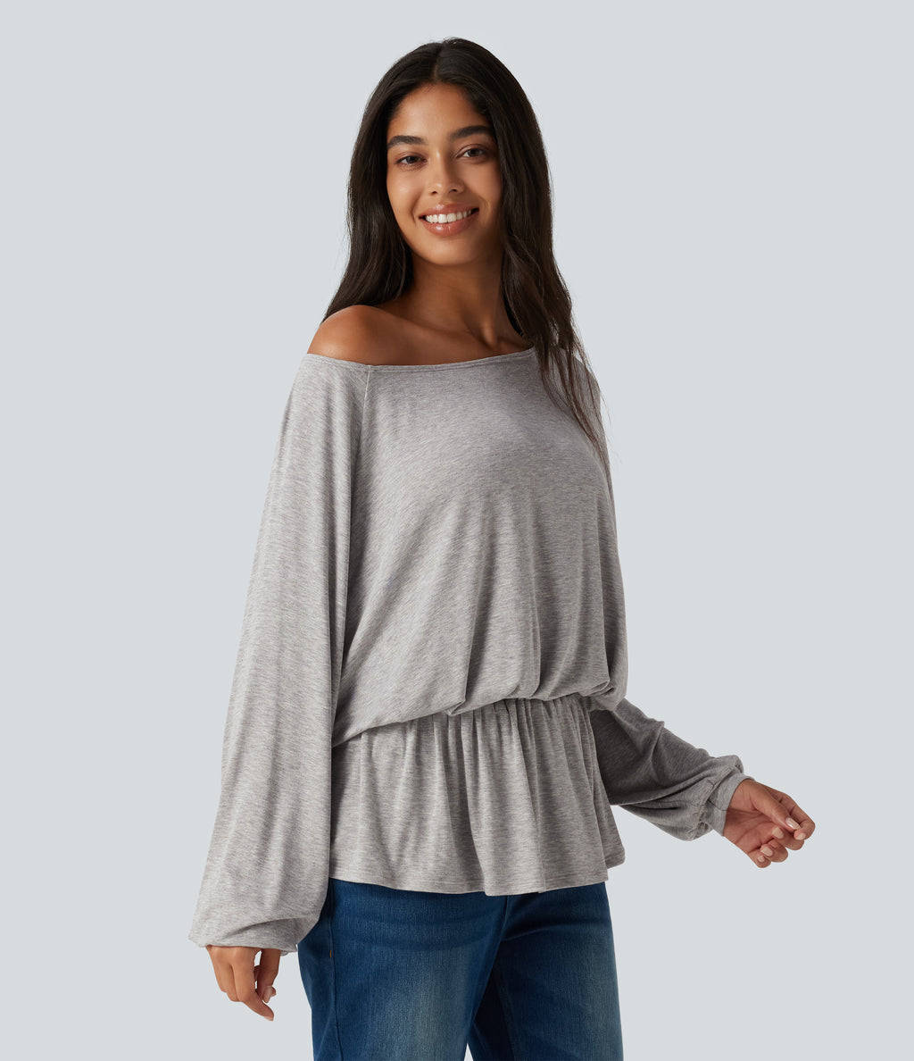Ribbed Boat Neck Ruched Batwing Long Sleeve Casual T-Shirt — Fog Gray — view 3