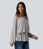 Ribbed Boat Neck Ruched Batwing Long Sleeve Casual T-Shirt — Fog Gray — view 3