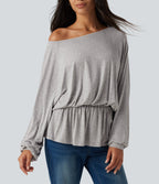 Ribbed Boat Neck Ruched Batwing Long Sleeve Casual T-Shirt — Fog Gray — view 5