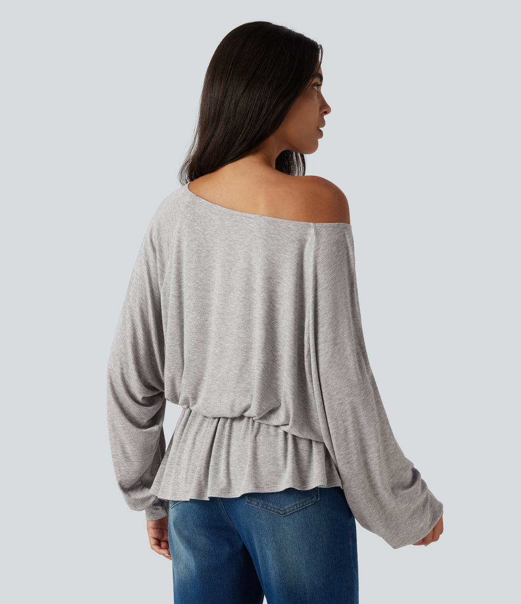 Ribbed Boat Neck Ruched Batwing Long Sleeve Casual T-Shirt — Fog Gray — view 2