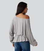 Ribbed Boat Neck Ruched Batwing Long Sleeve Casual T-Shirt — Fog Gray — view 2