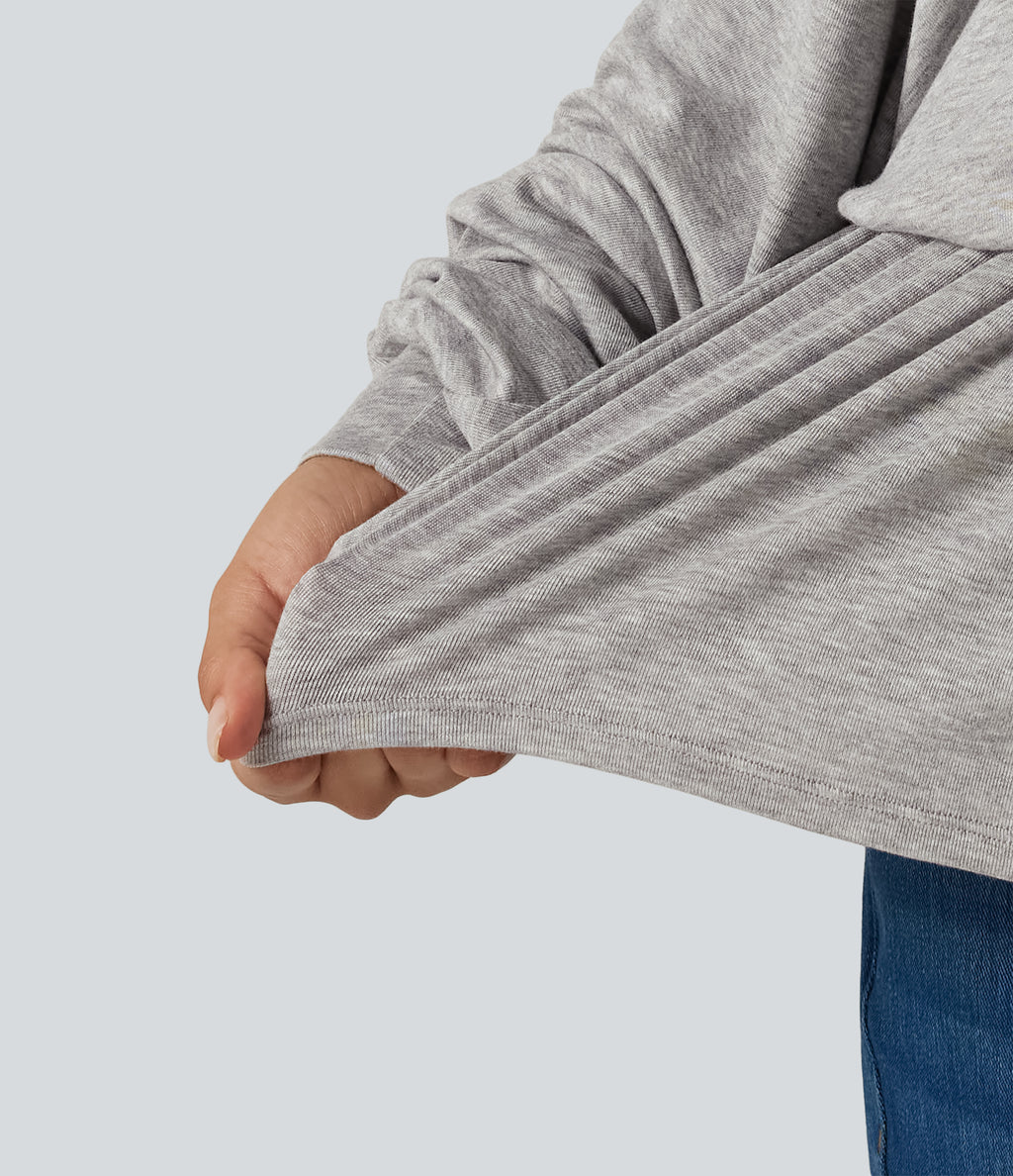 Ribbed Boat Neck Ruched Batwing Long Sleeve Casual T-Shirt — Fog Gray — view 6