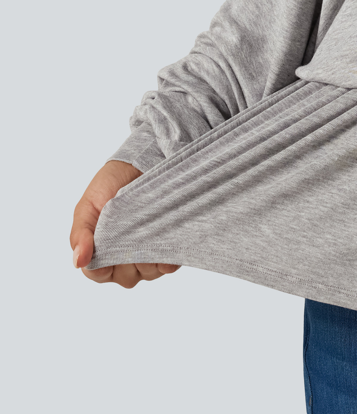 Ribbed Boat Neck Ruched Batwing Long Sleeve Casual T-Shirt — Fog Gray — view 6