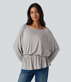 Ribbed Boat Neck Ruched Batwing Long Sleeve Casual T-Shirt — Fog Gray — view 4
