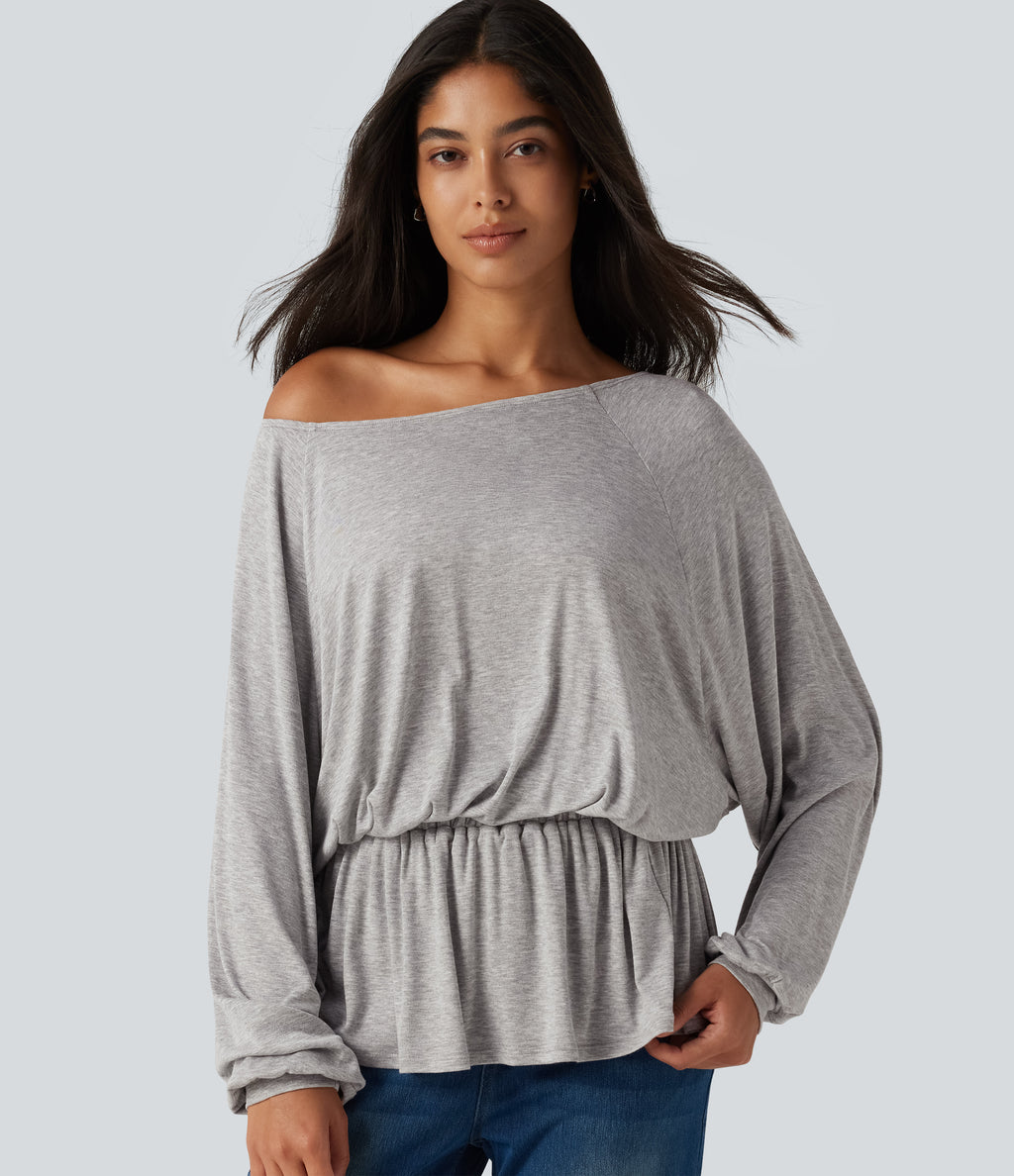 Ribbed Boat Neck Ruched Batwing Long Sleeve Casual T-Shirt — Fog Gray — view 1