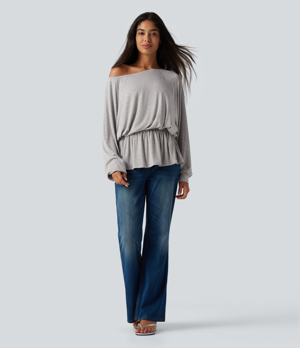 Ribbed Boat Neck Ruched Batwing Long Sleeve Casual T-Shirt — Fog Gray — view 7