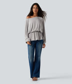 Ribbed Boat Neck Ruched Batwing Long Sleeve Casual T-Shirt — Fog Gray — view 7