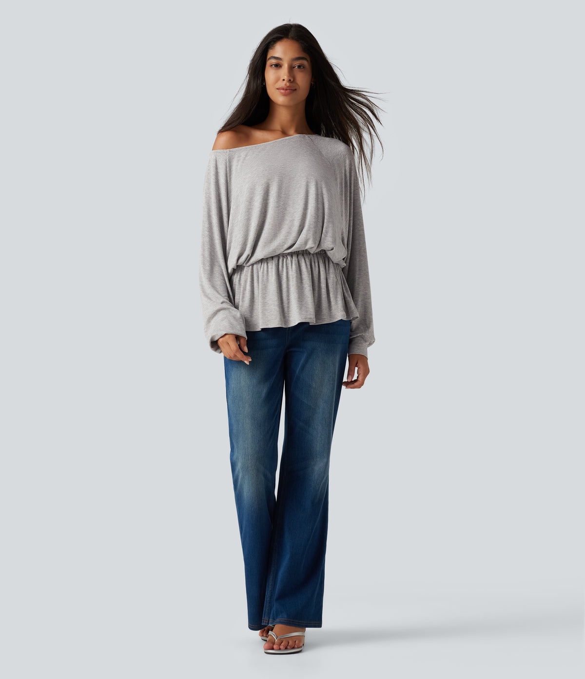 Ribbed Boat Neck Ruched Batwing Long Sleeve Casual T-Shirt — Fog Gray — view 7