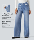 Asymmetric High Waisted Tummy Control Wide Leg Casual Jeans with Pockets — Vallarta Blue Denim — view 1