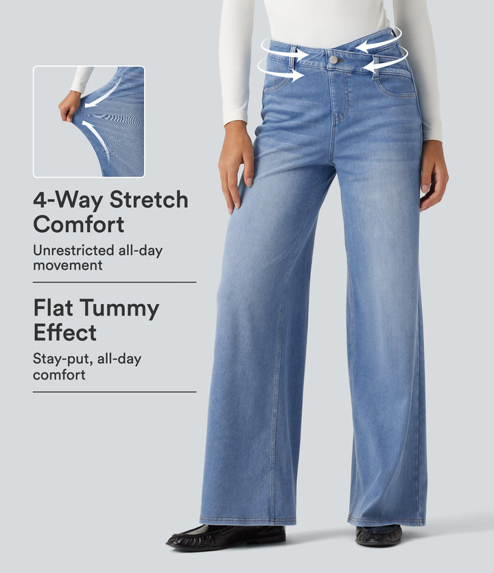 Asymmetric High Waisted Tummy Control Wide Leg Casual Jeans with Pockets — Vallarta Blue Denim — view 1