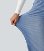 Asymmetric High Waisted Tummy Control Wide Leg Casual Jeans with Pockets — Vallarta Blue Denim — view 6