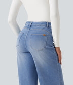 Asymmetric High Waisted Tummy Control Wide Leg Casual Jeans with Pockets — Vallarta Blue Denim — view 5