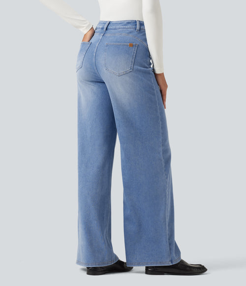 Asymmetric High Waisted Tummy Control Wide Leg Casual Jeans with Pockets — Vallarta Blue Denim — view 2