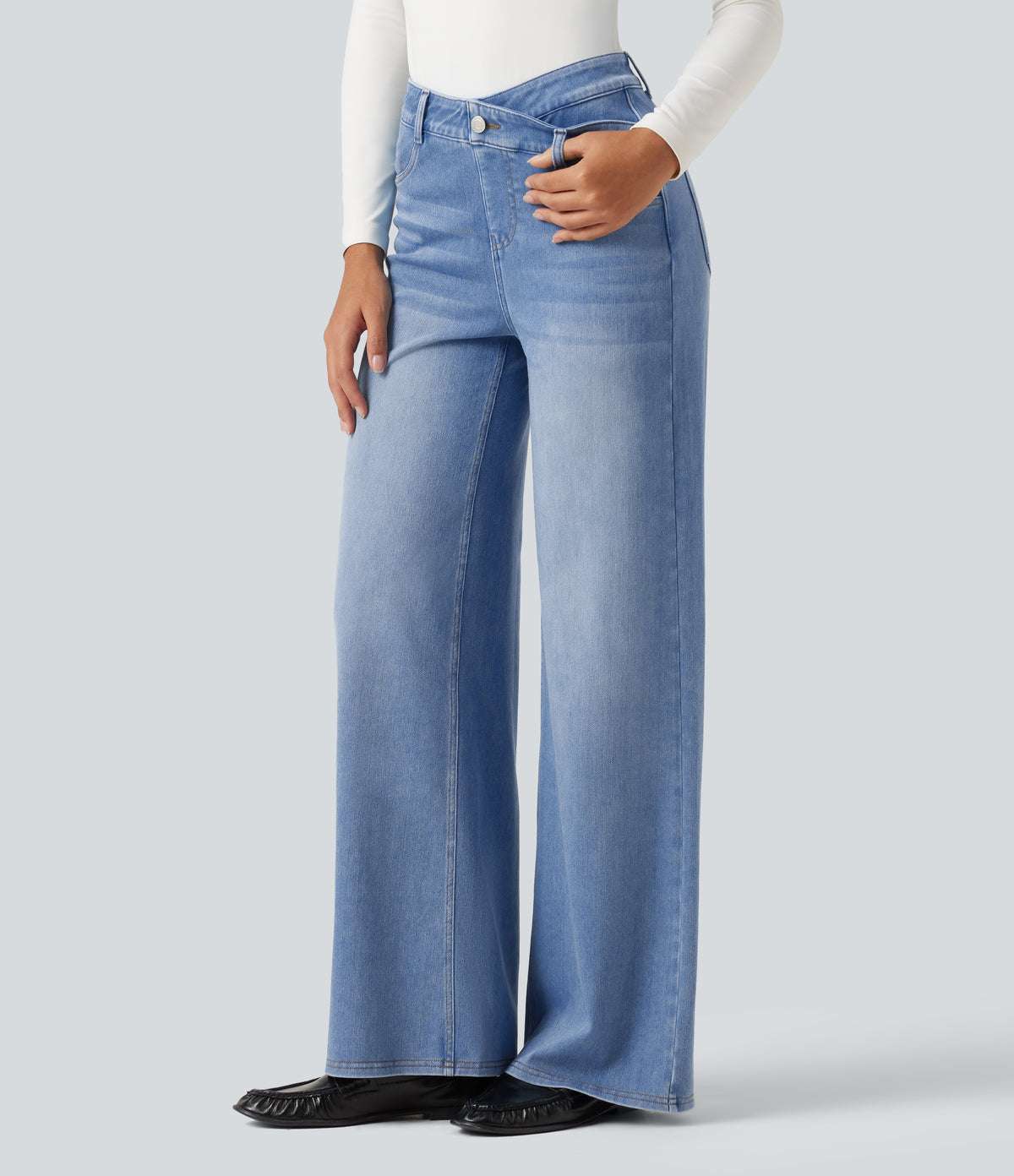 Asymmetric High Waisted Tummy Control Wide Leg Casual Jeans with Pockets — Vallarta Blue Denim — view 3