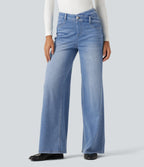 Asymmetric High Waisted Tummy Control Wide Leg Casual Jeans with Pockets — Vallarta Blue Denim — view 8