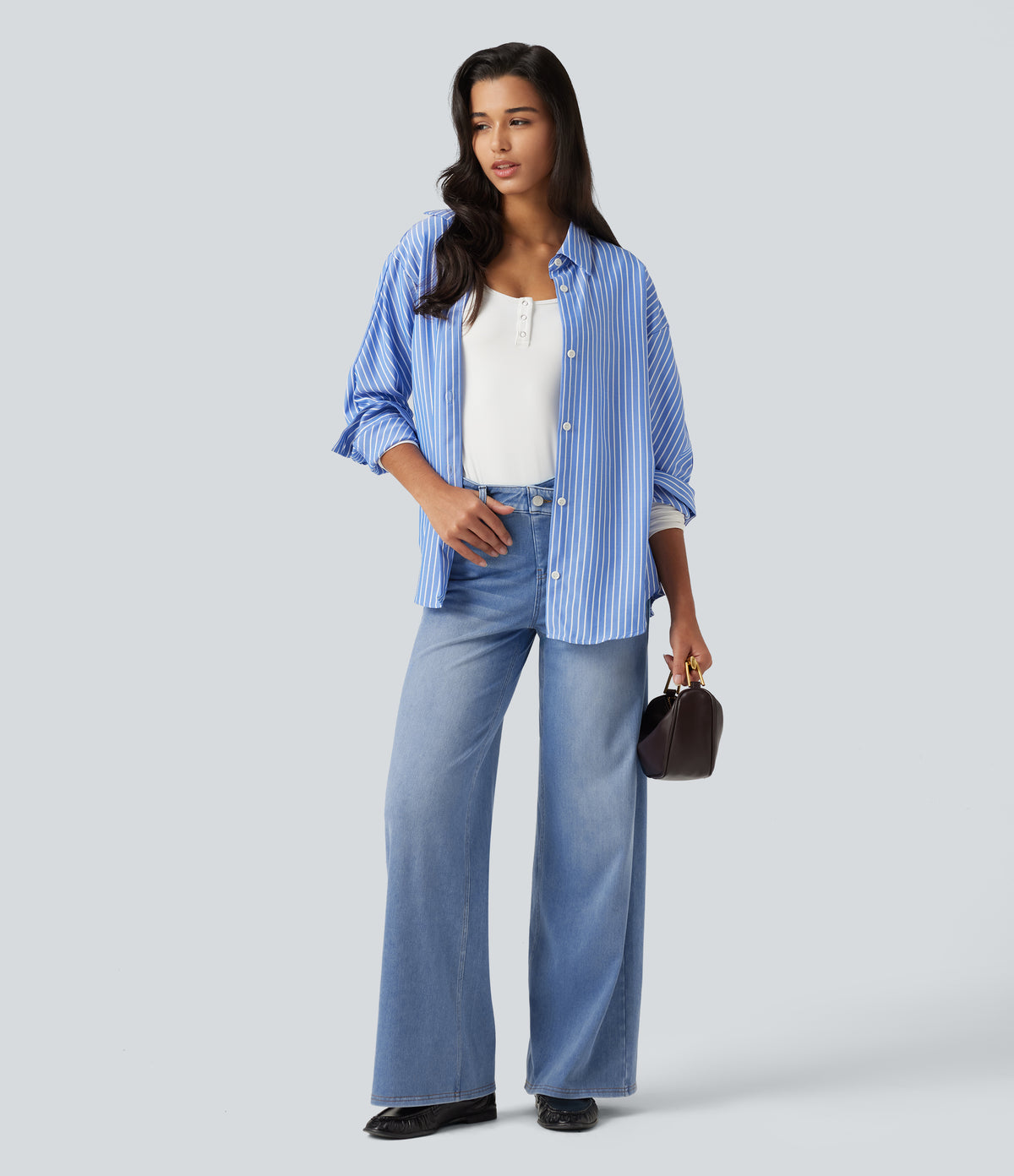 Asymmetric High Waisted Tummy Control Wide Leg Casual Jeans with Pockets — Vallarta Blue Denim — view 7