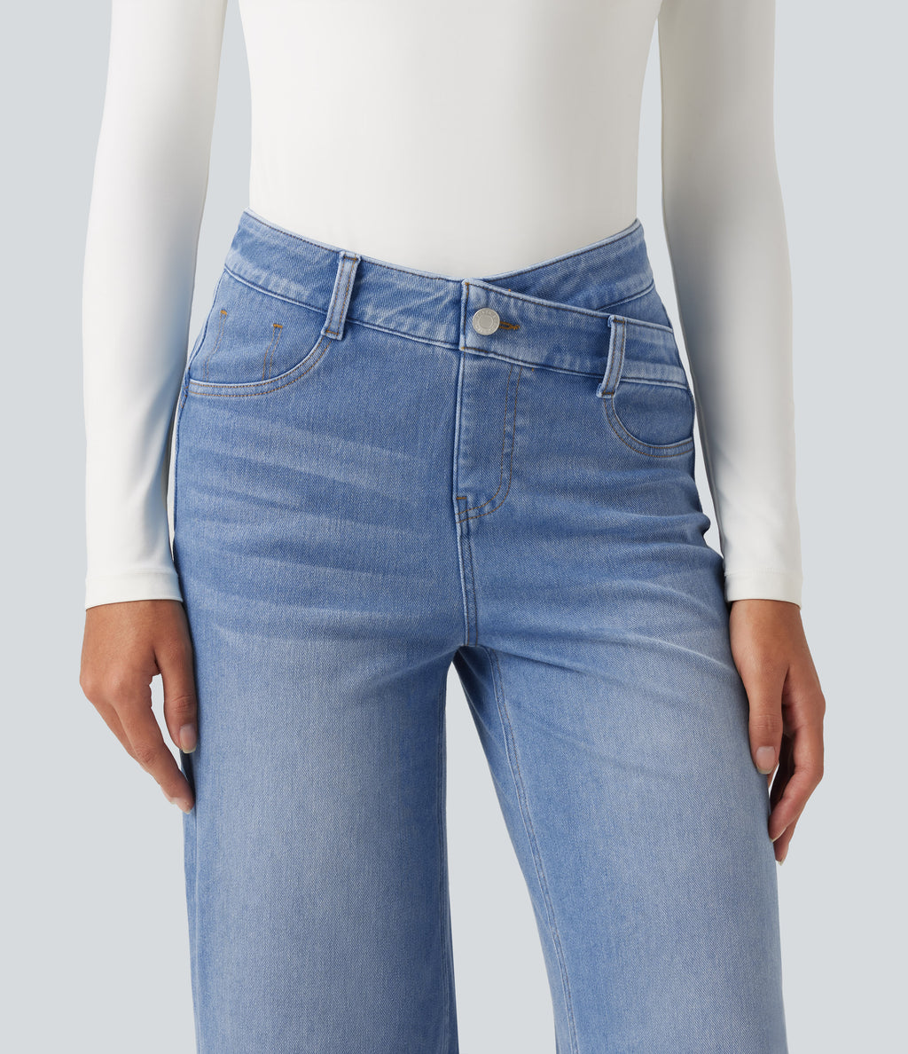 Asymmetric High Waisted Tummy Control Wide Leg Casual Jeans with Pockets — Vallarta Blue Denim — view 4